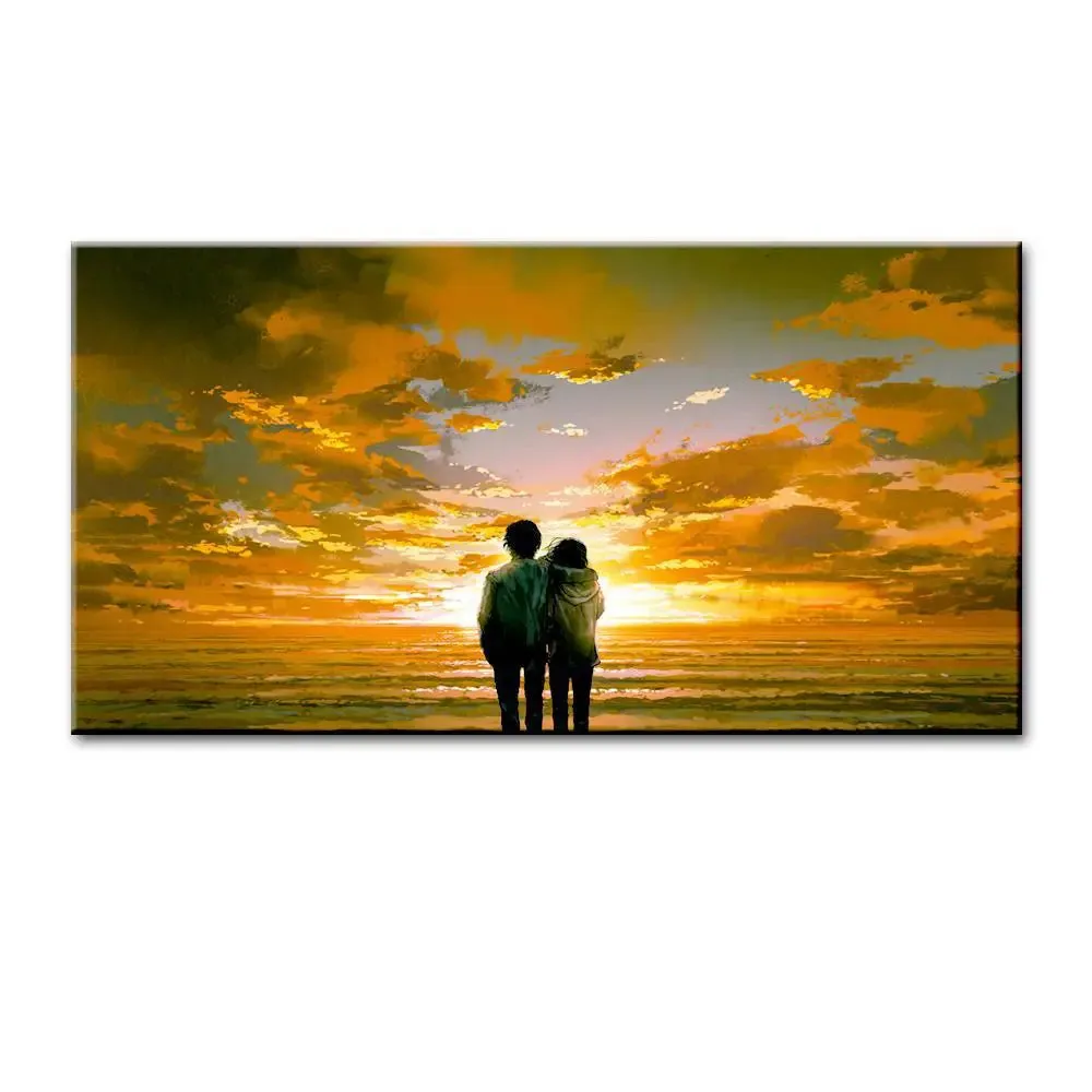 Couple Watching Sunset Beautiful Scenery Canvas Printed Painting With Frame