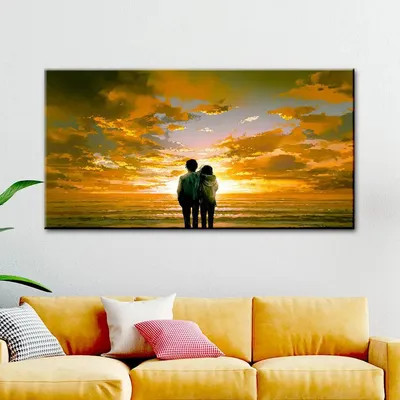 Couple Watching Sunset Beautiful Scenery Canvas Printed Painting