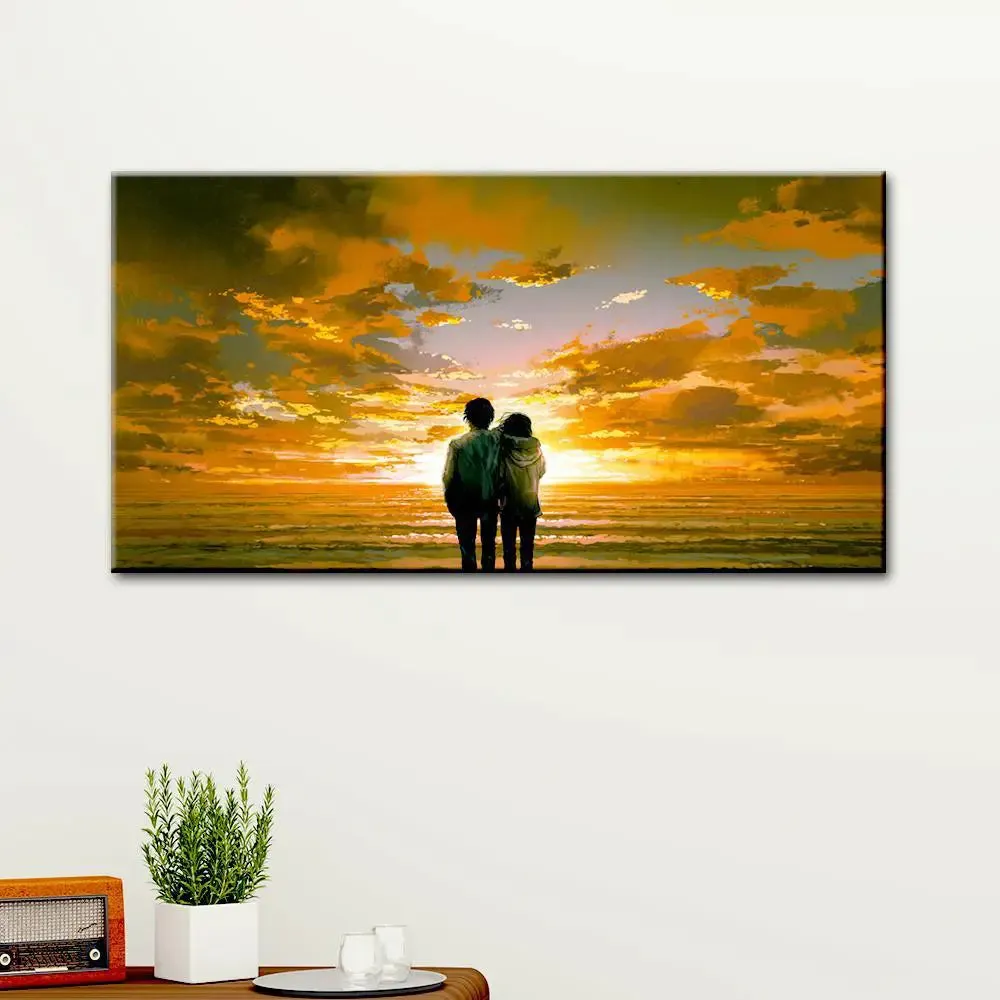 Couple Watching Sunset Beautiful Scenery Canvas Printed Painting With Frame