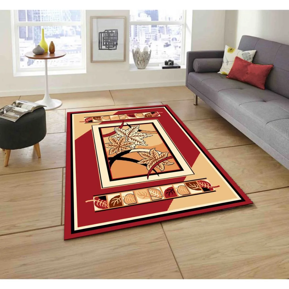 Crafted Floral Pattern Red Polyester Area Carpet 3X5ft