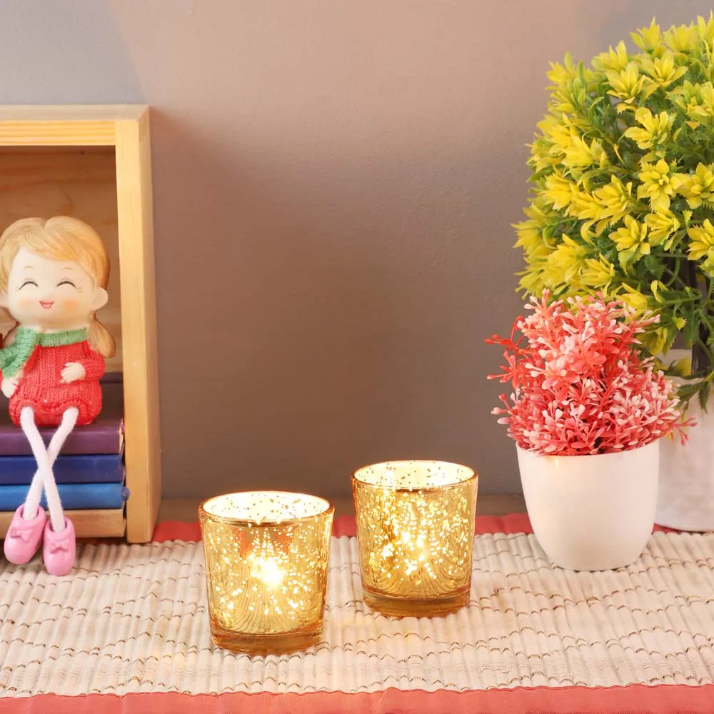 Crafted Golden Glass Tea Light Candle Holders Set Of 4