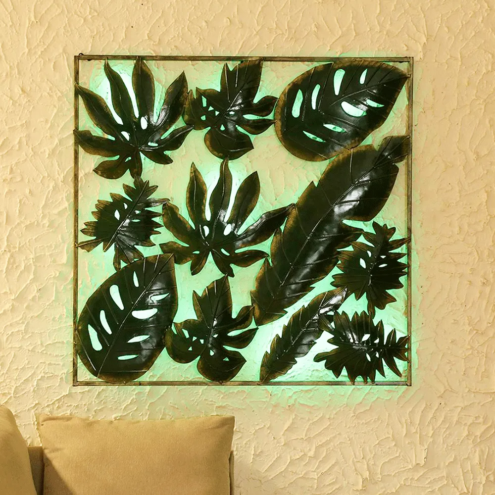 Crafted Tropical Leaves Metal Wall Art With LED