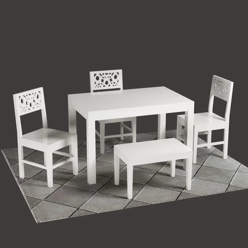 Crafted White European Style Mangowood Dining Table 4 Seater With Single Settee (Seating Bench)