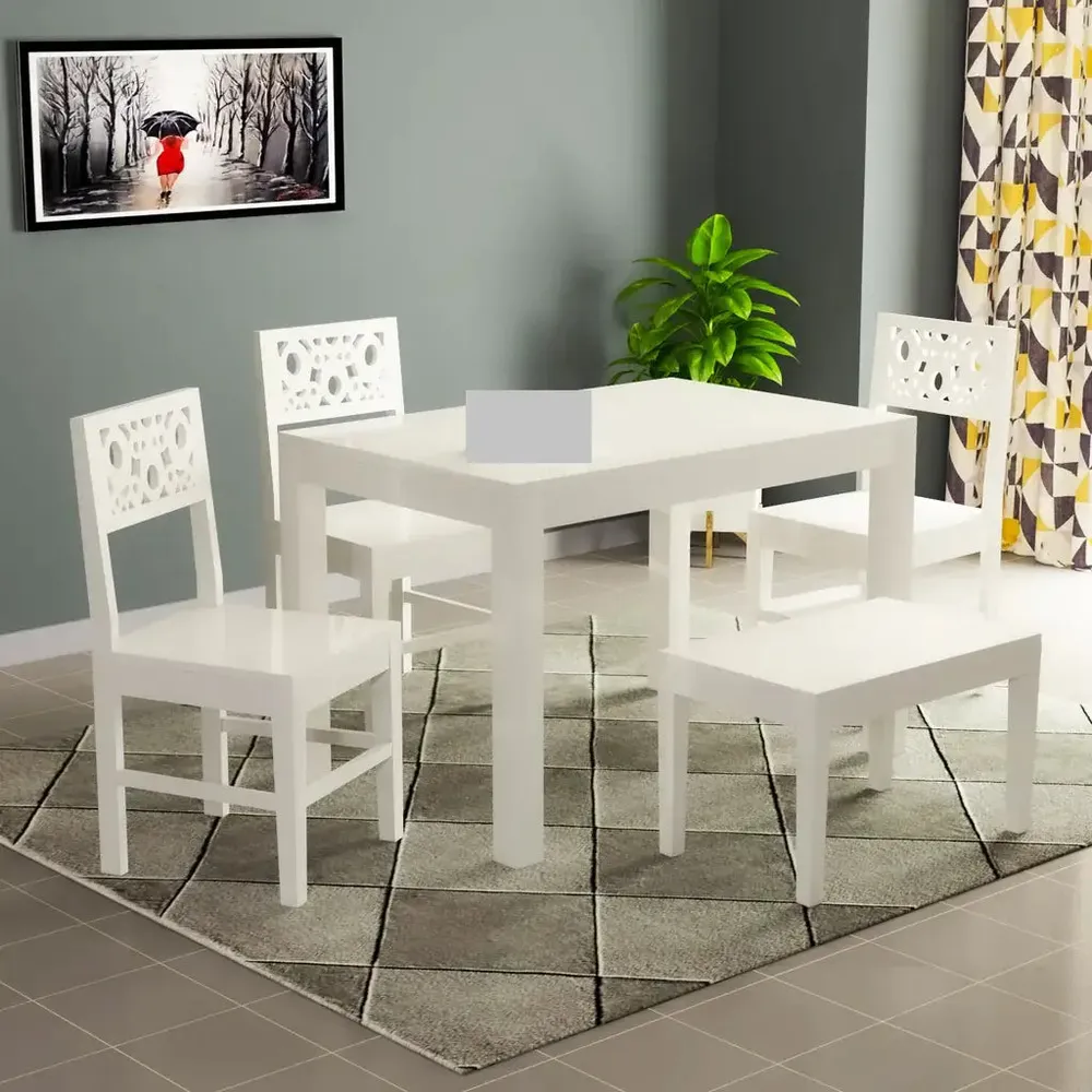 Crafted White European Style Mangowood Dining Table 4 Seater With Single Settee (Seating Bench)