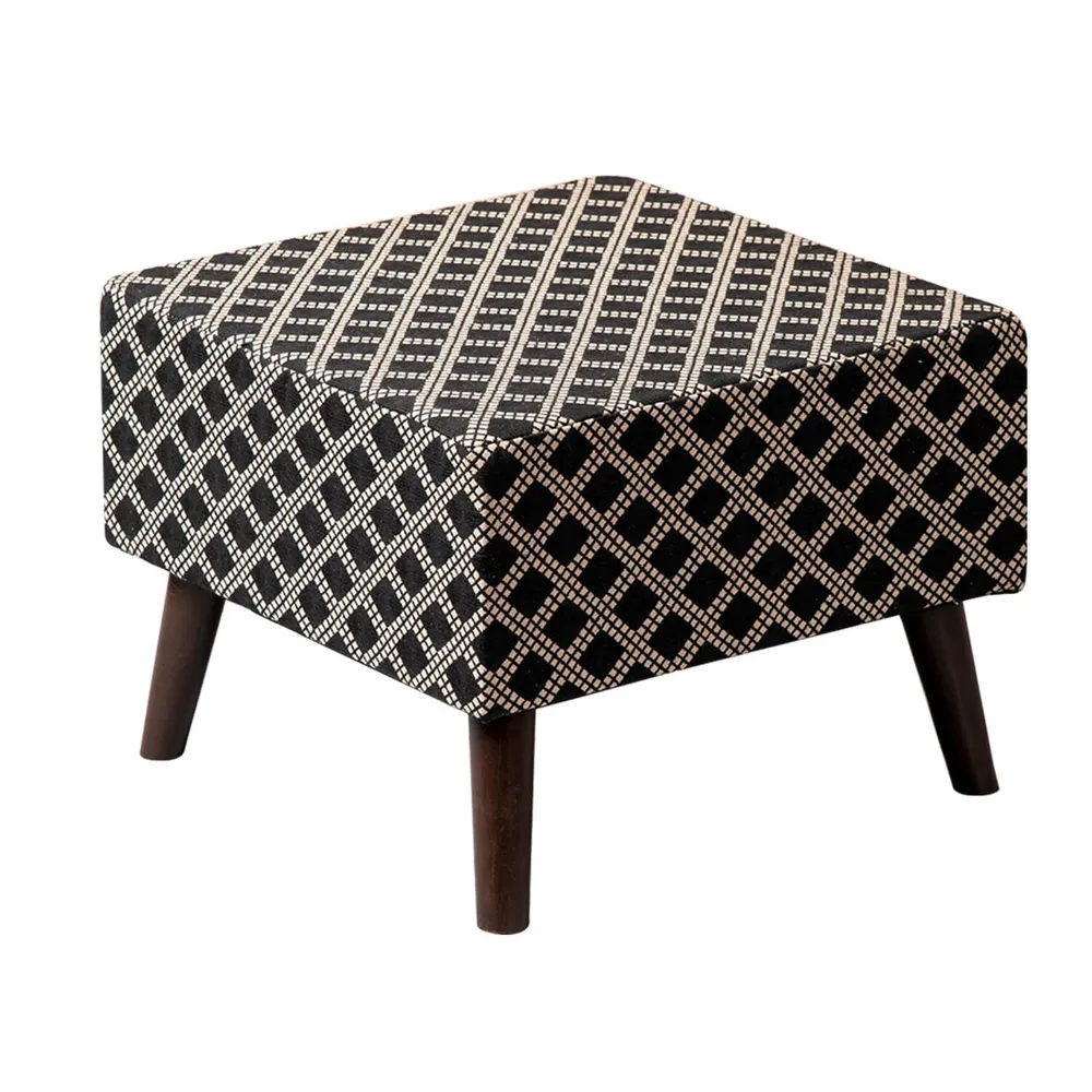 Cream and Black Patterned Woven Jacquard Cotton Upholstered  Ottoman Wood Stool