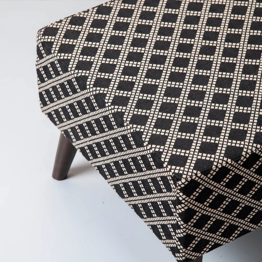 Cream and Black Patterned Woven Jacquard Cotton Upholstered  Ottoman Wood Stool
