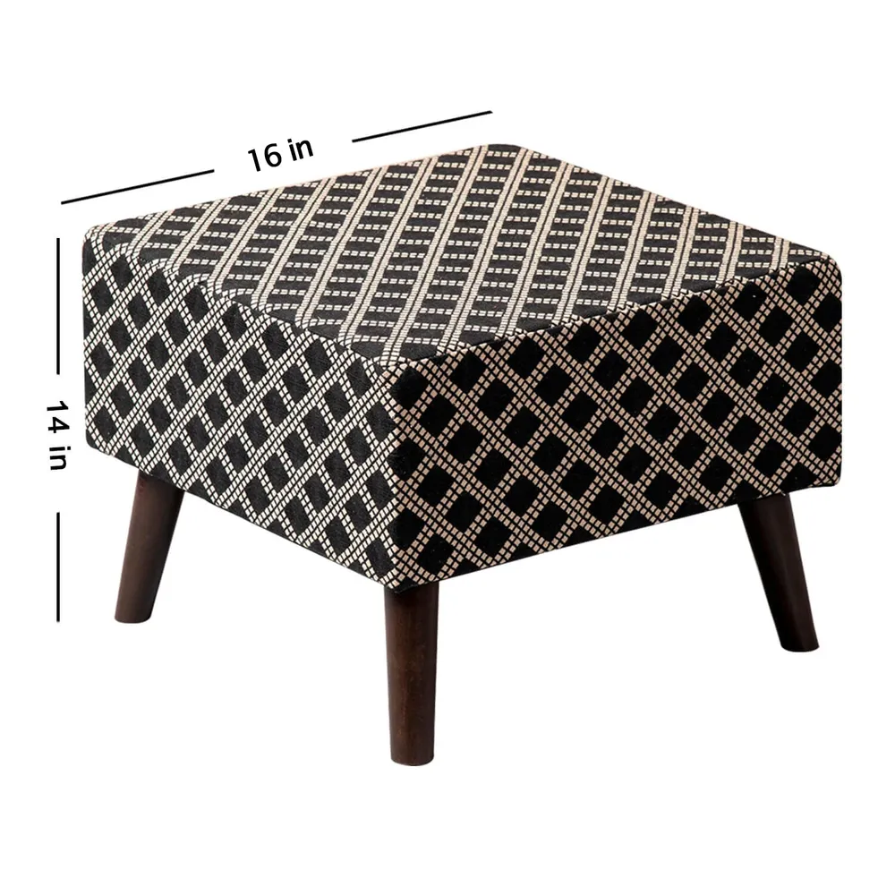 Cream and Black Patterned Woven Jacquard Cotton Upholstered  Ottoman Wood Stool