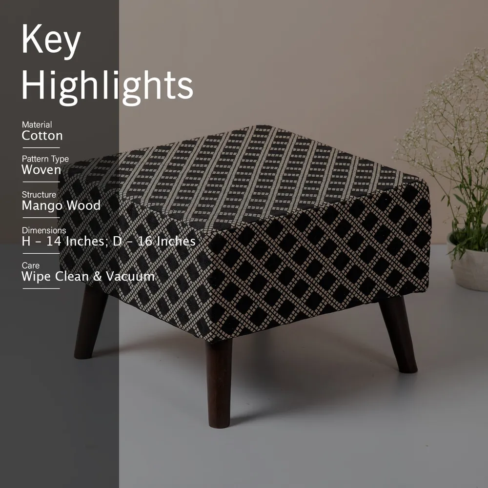 Cream and Black Patterned Woven Jacquard Cotton Upholstered  Ottoman Wood Stool