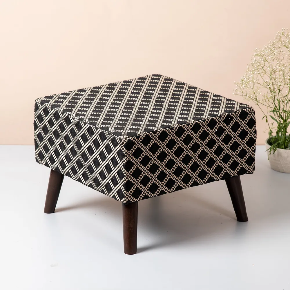 Cream and Black Patterned Woven Jacquard Cotton Upholstered  Ottoman Wood Stool