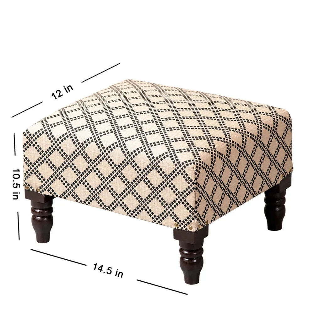 Cream and Black Patterned Woven Jacquard Cotton Upholstered Wood Stool