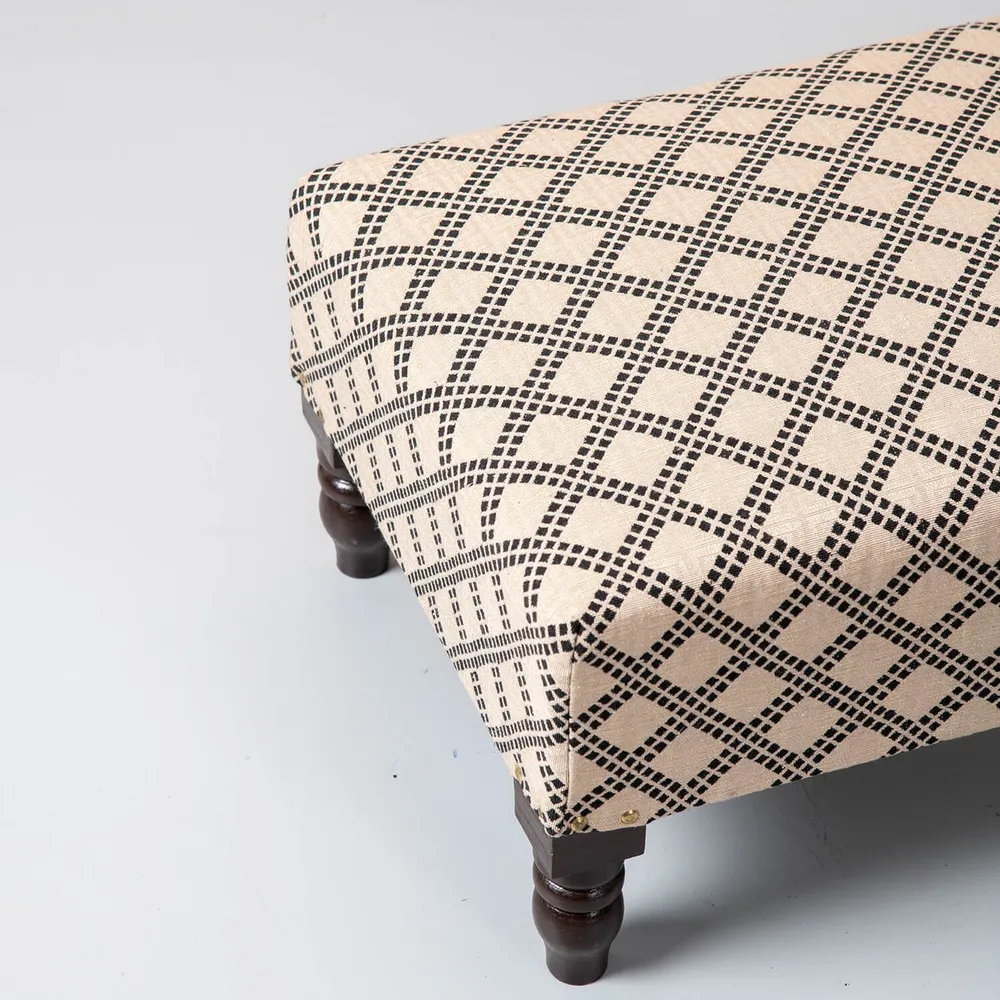 Cream and Black Patterned Woven Jacquard Cotton Upholstered   Wood Stool