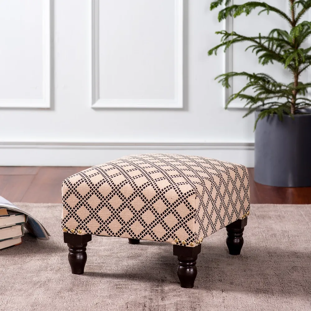 Cream and Black Patterned Woven Jacquard Cotton Upholstered Wood Stool