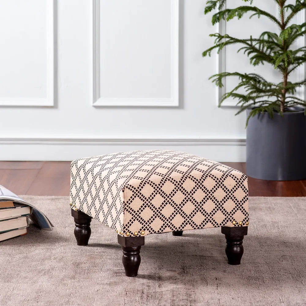 Cream and Black Patterned Woven Jacquard Cotton Upholstered   Wood Stool