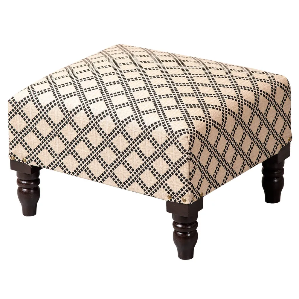 Cream and Black Patterned Woven Jacquard Cotton Upholstered   Wood Stool
