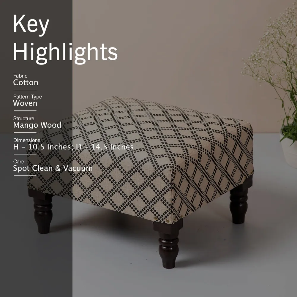 Cream and Black Patterned Woven Jacquard Cotton Upholstered Wood Stool