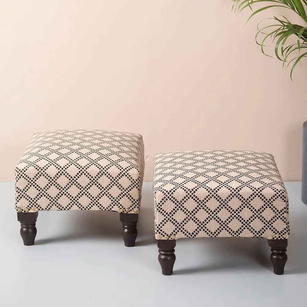 Cream and Black Patterned Woven Jacquard Cotton Upholstered   Wood Stool