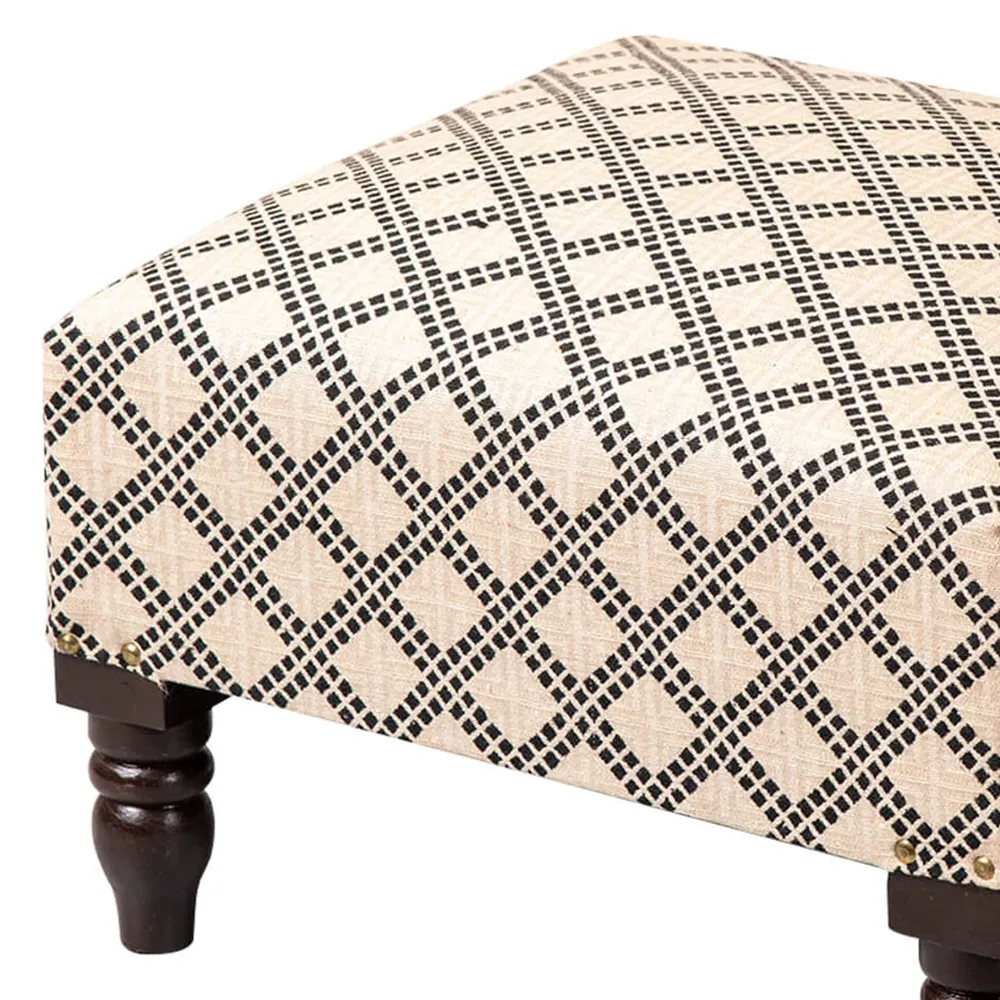 Cream and Black Patterned Woven Jacquard Cotton Upholstered Wood Stool