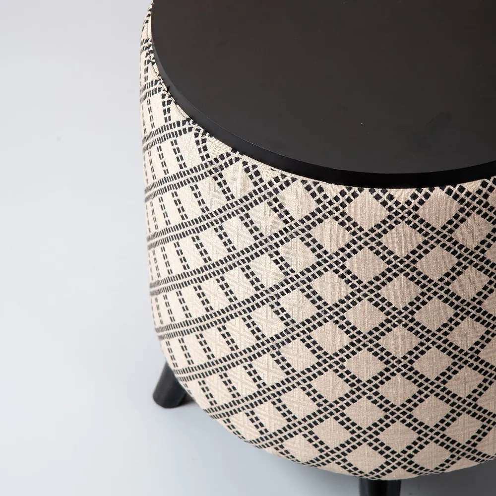Cream and Black Patterned Woven Jacquard Storage Ottoman Wood Stool