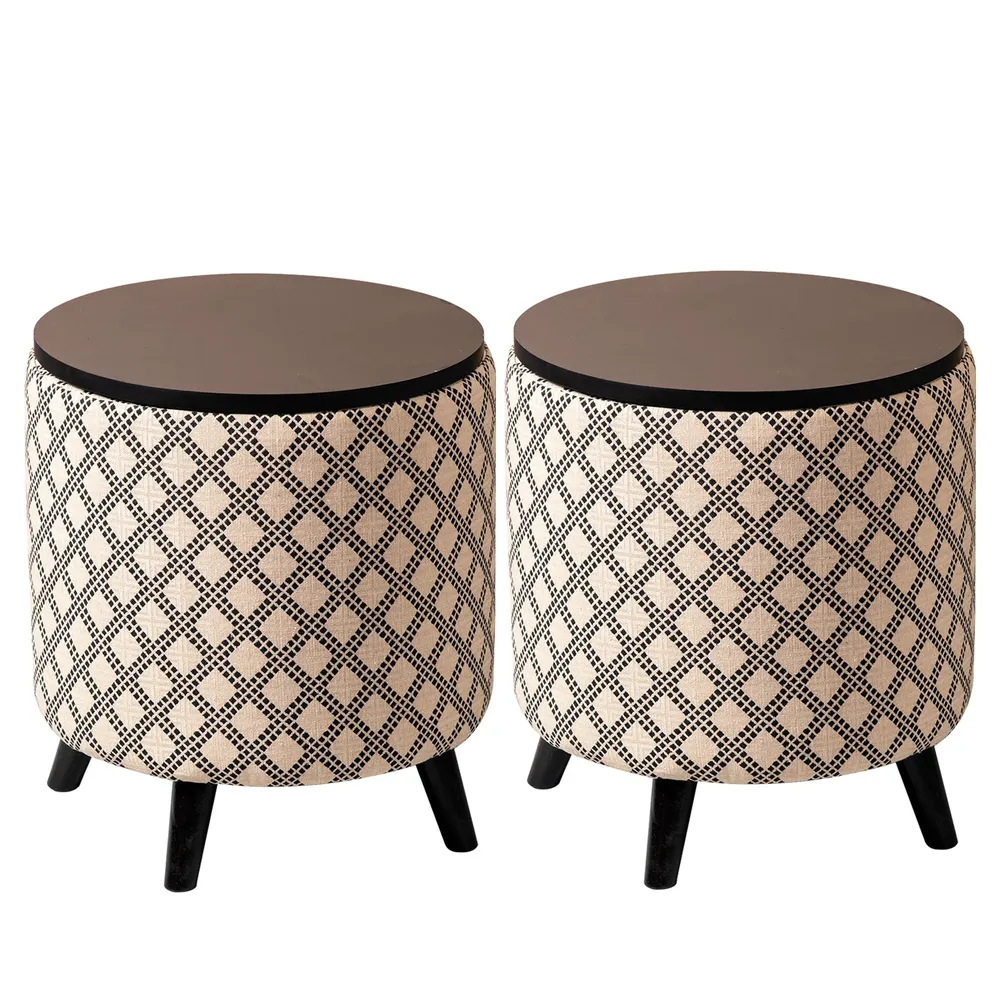 Cream and Black Patterned Woven Jacquard Storage  Ottoman  Wood Stool