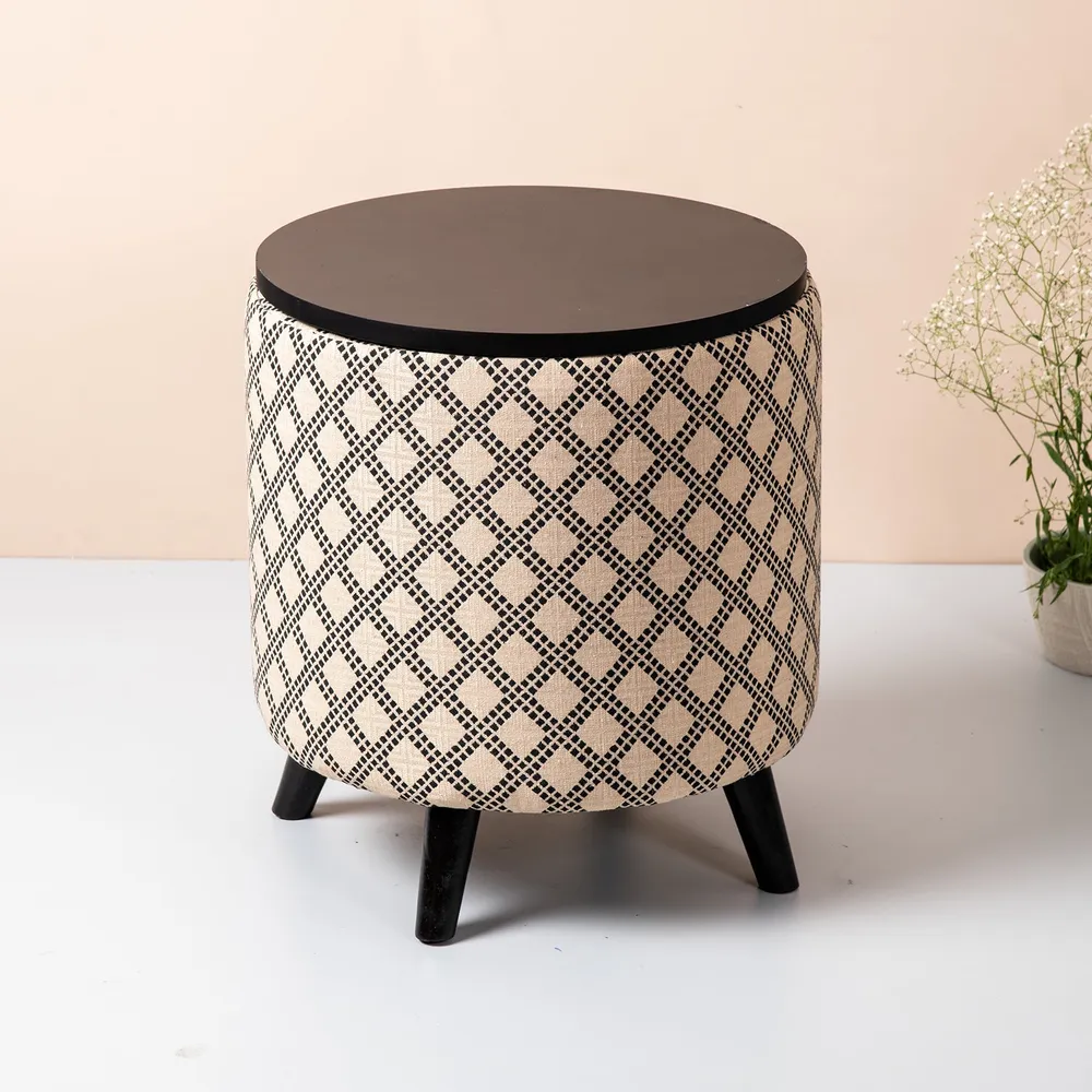 Cream and Black Patterned Woven Jacquard Storage  Ottoman  Wood Stool