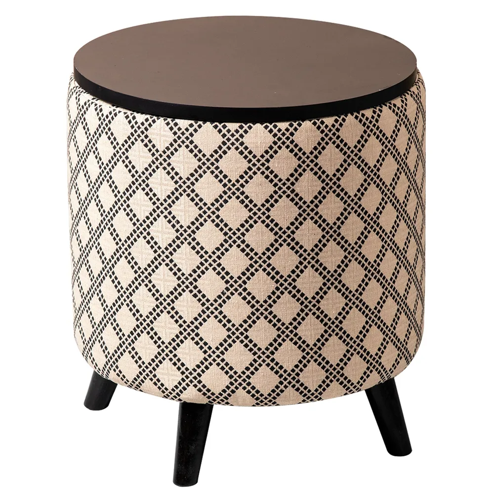 Cream and Black Patterned Woven Jacquard Storage Ottoman Wood Stool