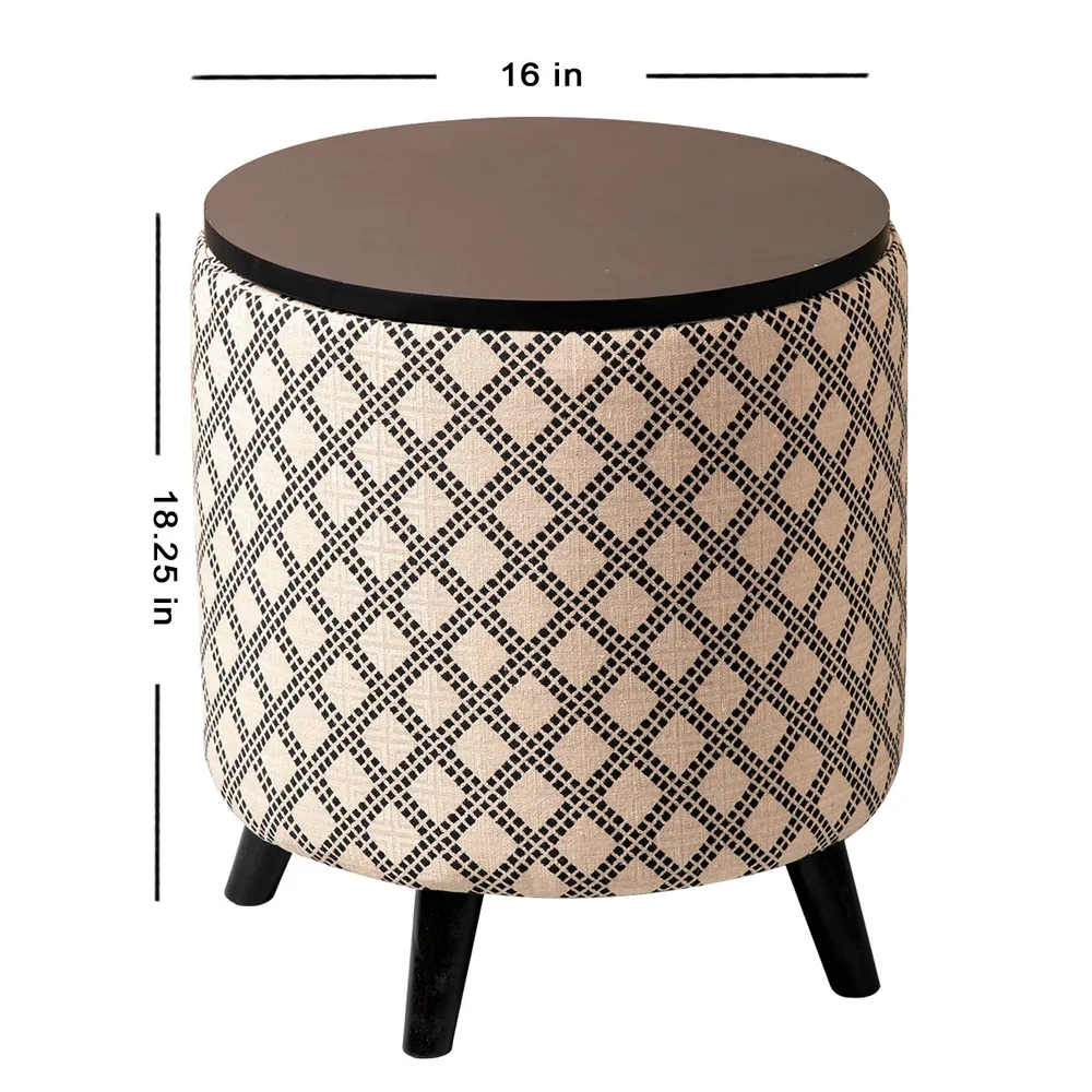 Cream and Black Patterned Woven Jacquard Storage Ottoman Wood Stool
