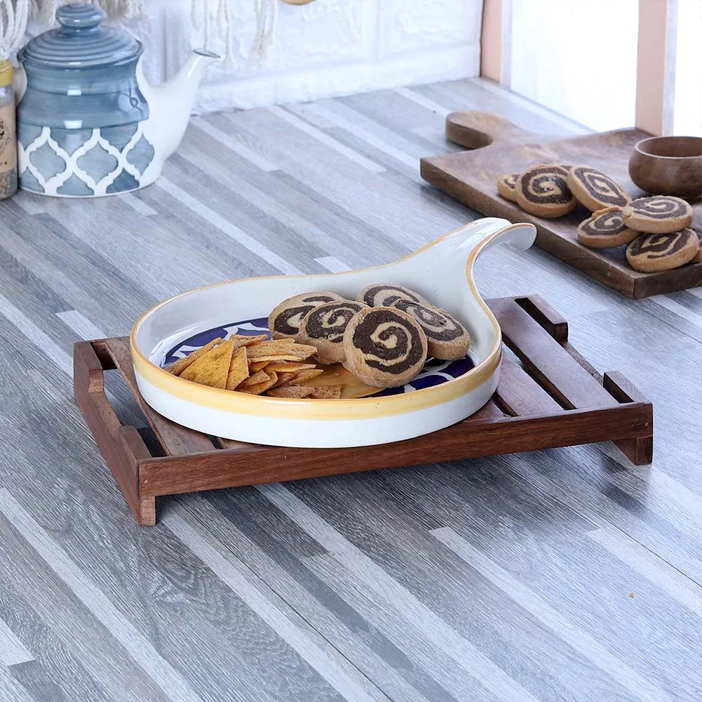 Cream & Blue Abstract Print High-quality Ceramic Pizza Serving Platter