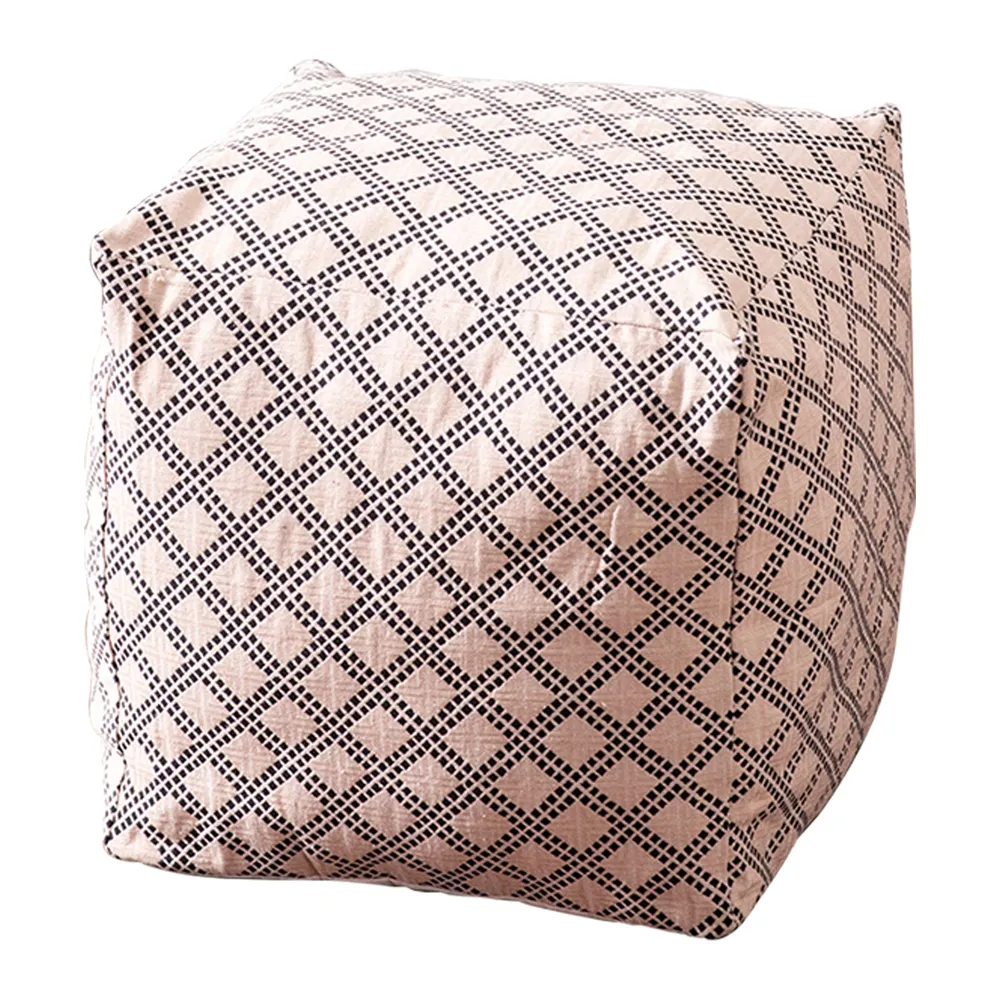 Cream Lattice Pattrened Woven Jacquard Cotton With Leatherette Pouffe Stool Set Of 2 With Filler