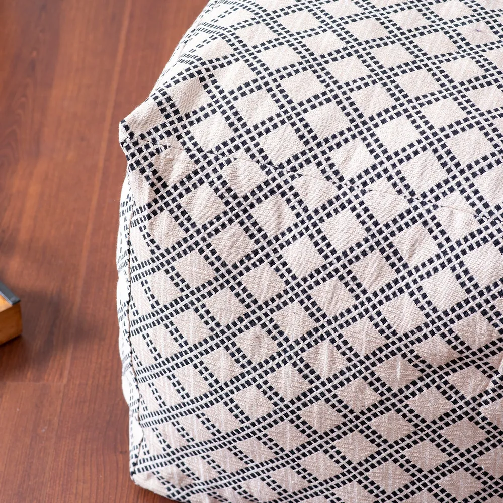 Cream Lattice Pattrened Woven Jacquard Cotton With Leatherette Pouffe Stool Set Of 2 With Filler