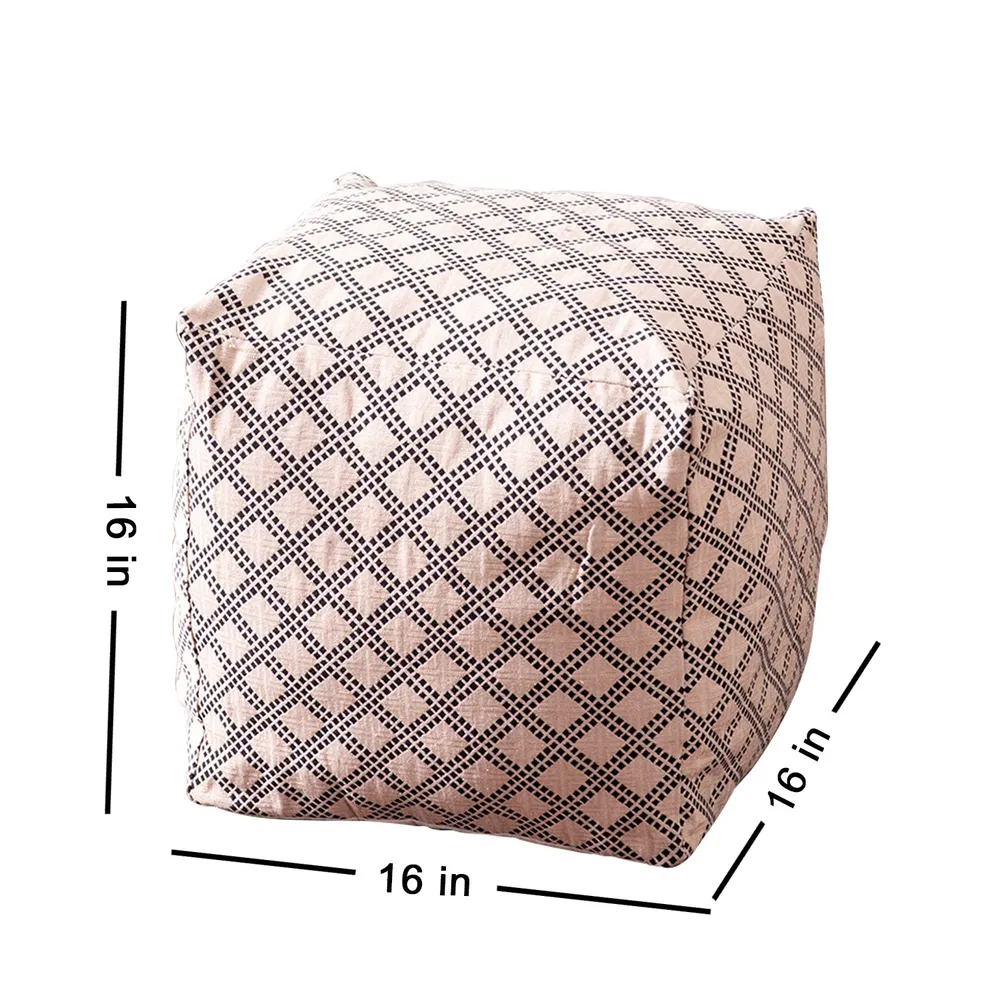 Cream Lattice Pattrened Woven Jacquard Cotton With Leatherette Pouffe Stool Set Of 2 With Filler