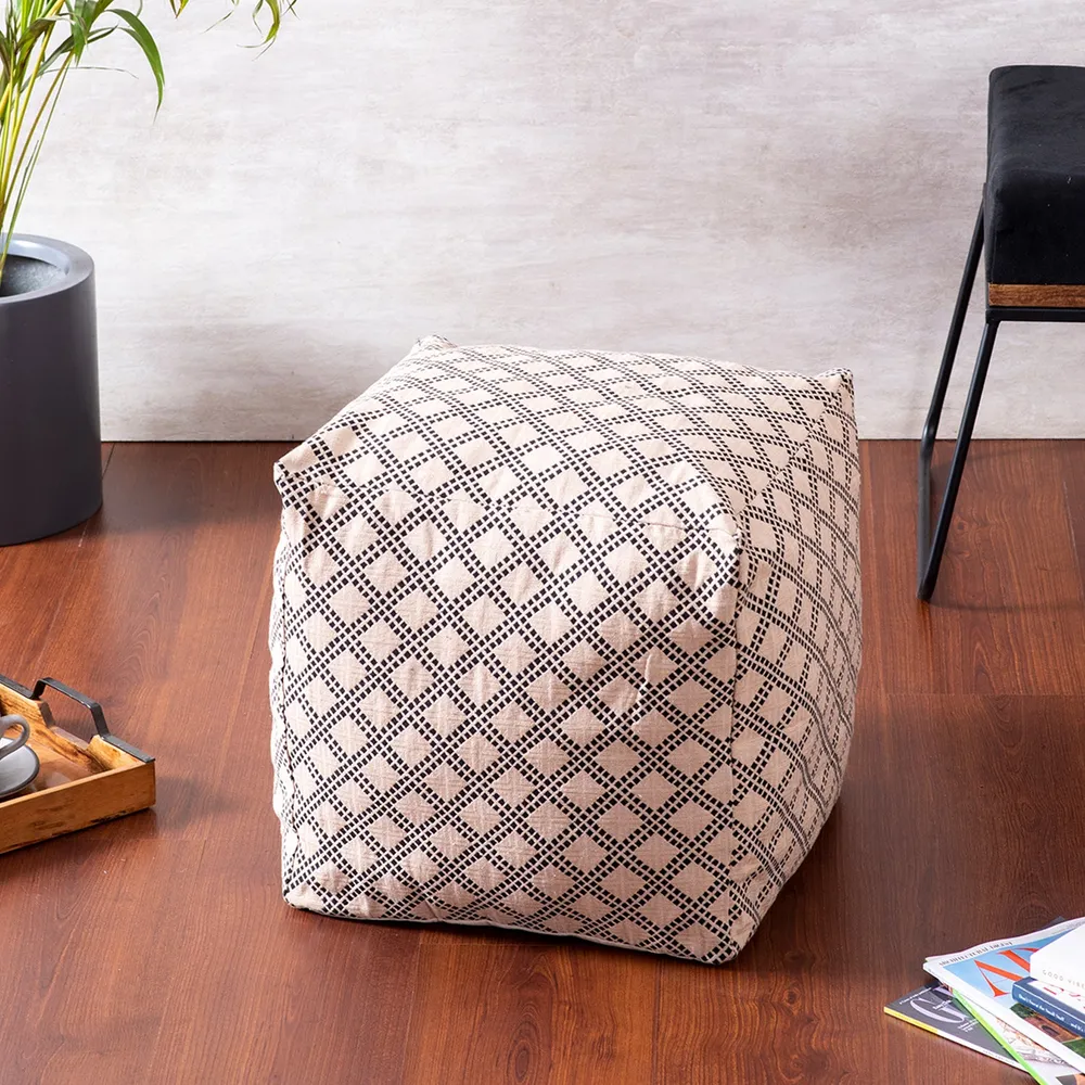 Cream Lattice Pattrened Woven Jacquard Cotton With Leatherette Pouffe Stool Set Of 2 With Filler