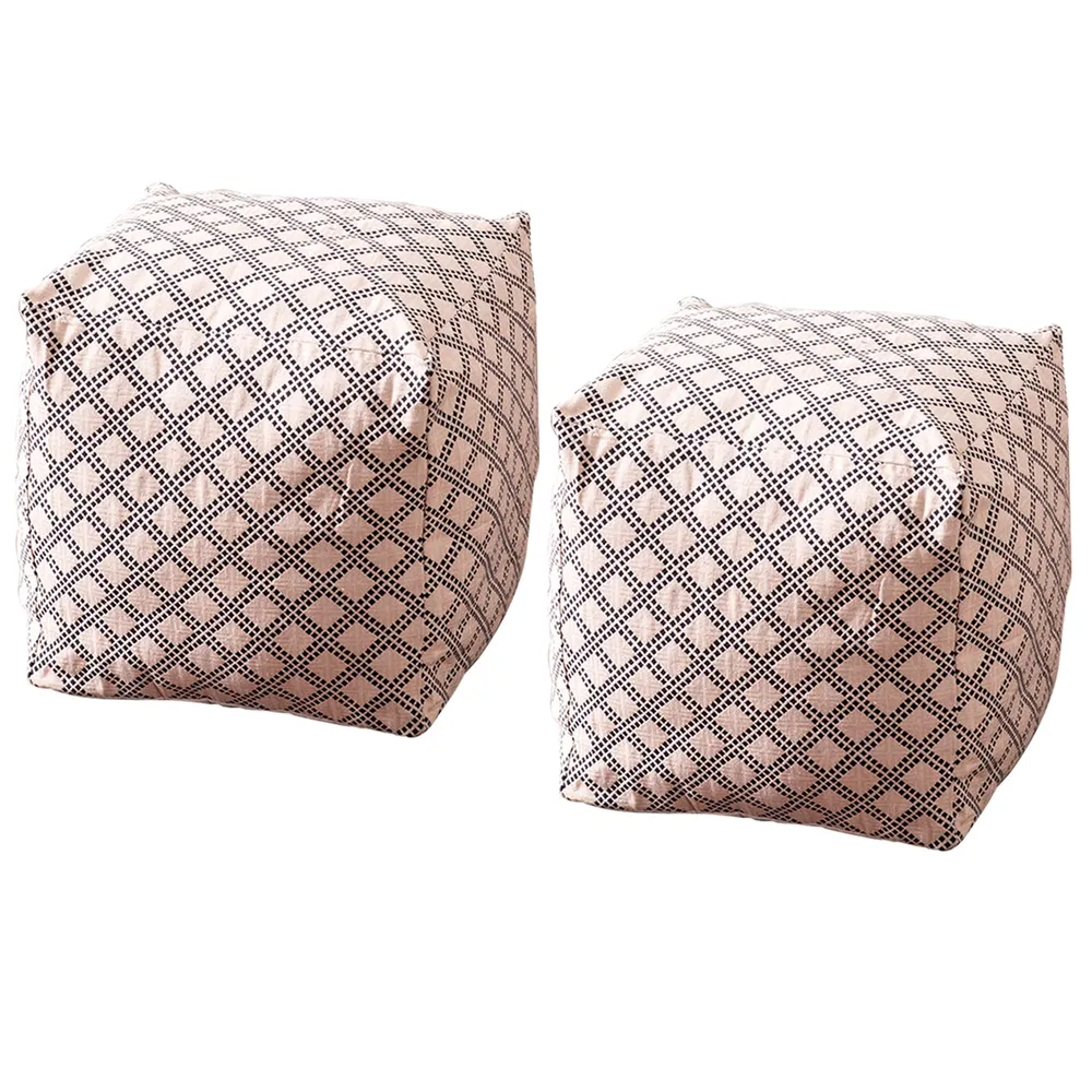 Cream Lattice Pattrened Woven Jacquard Cotton With Leatherette Pouffe Stool Set Of 2 With Filler