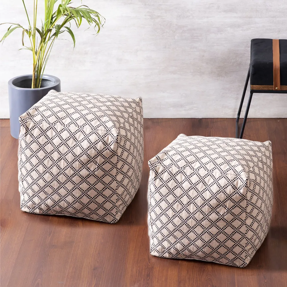 Cream Lattice Pattrened Woven Jacquard Cotton With Leatherette Pouffe Stool Set Of 2 Without Filler
