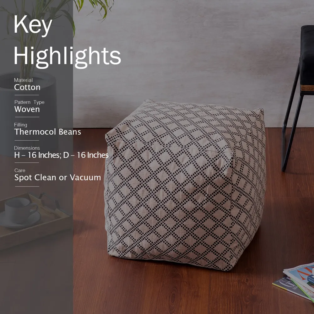 Cream Lattice Pattrened Woven Jacquard Cotton With Leatherette Pouffe Stool  Without Filler