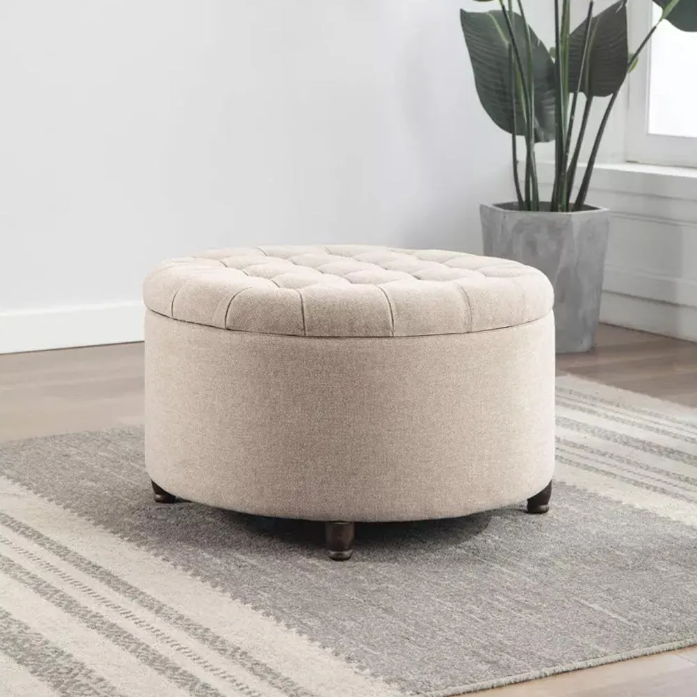 Cream Round-Shaped Premium Quality Storage Ottoman