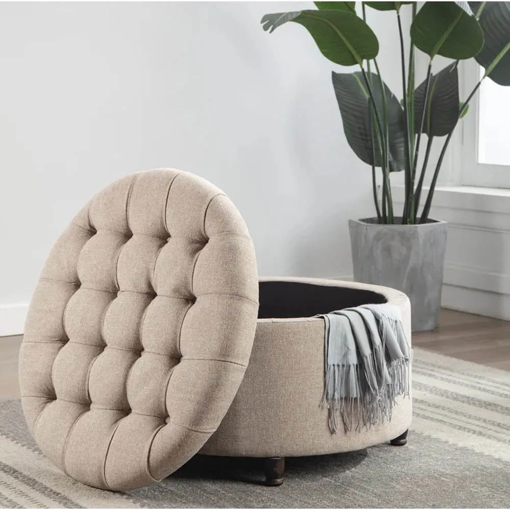 Cream Round-Shaped Premium Quality Storage Ottoman