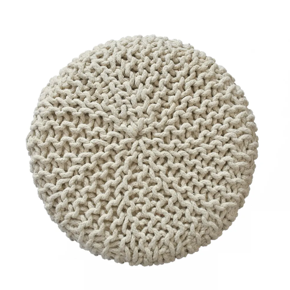 Cream Solid Cotton Knitted Pouffe