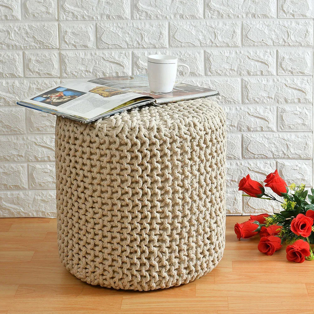 Cream Solid Cotton Knitted Pouffe