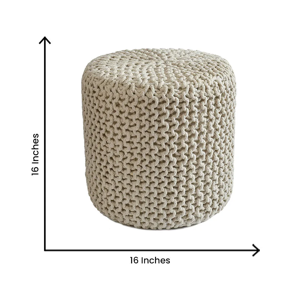 Cream Solid Cotton Knitted Pouffe
