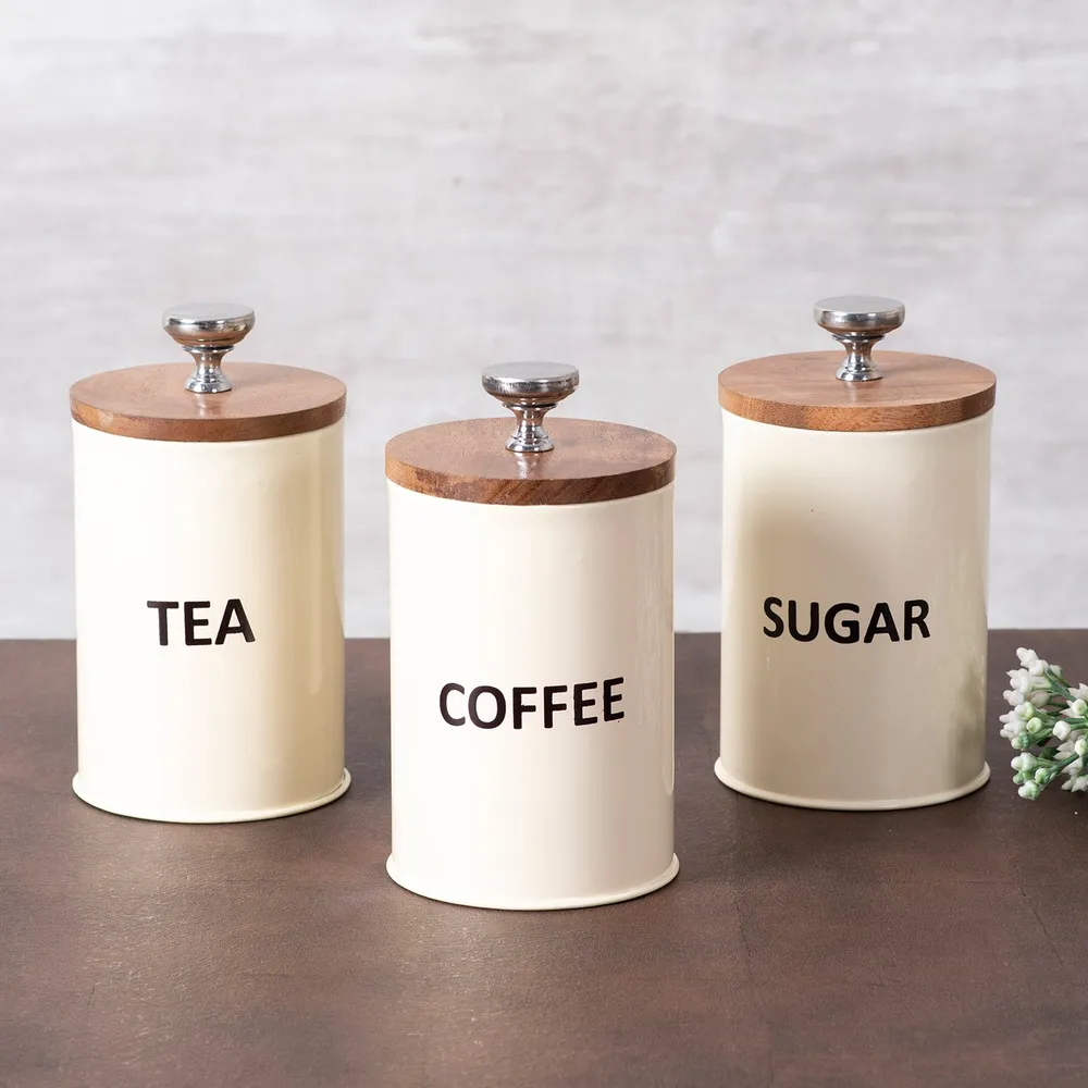Cream Tin Tea, Coffee and Sugar Containers Set Of 3