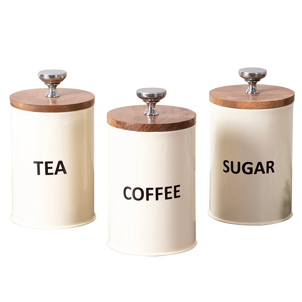 Cream Tin Tea, Coffee and Sugar Containers Set Of 3