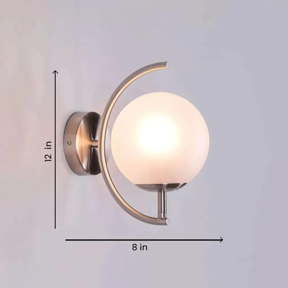 Crescent Shaped Silver Metal Wall Light With Frosted Glass Globe Single Piece