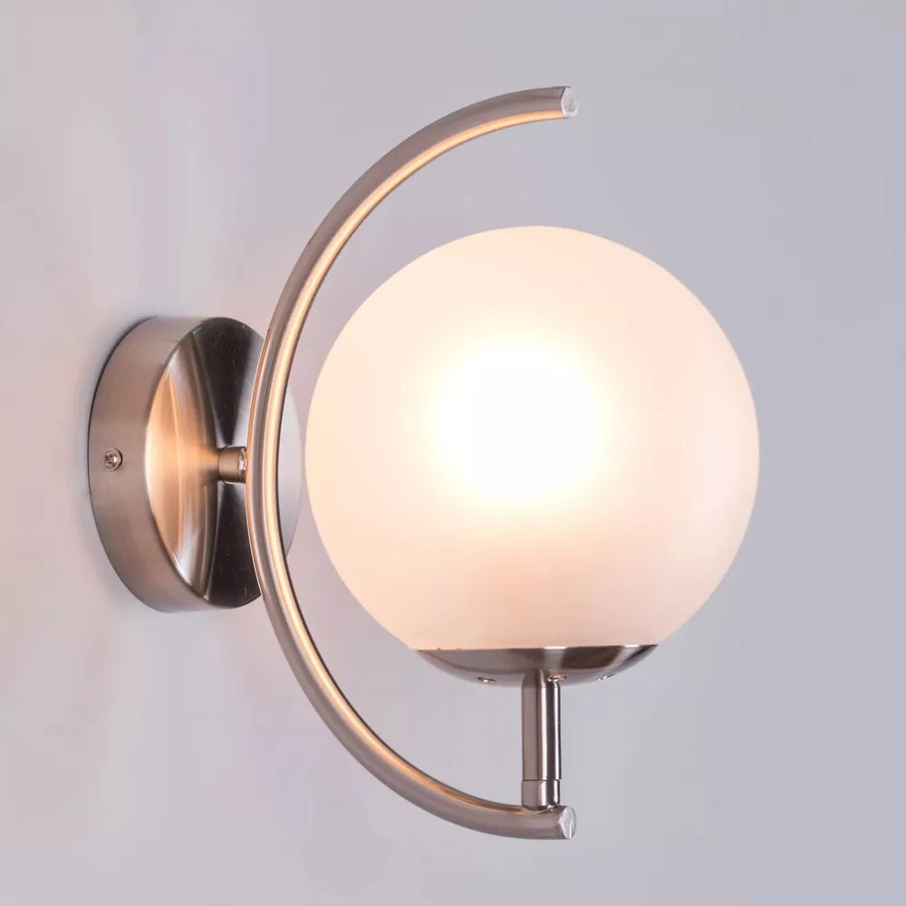 Crescent Shaped Silver Metal Wall Light With Frosted Glass Globe Single Piece