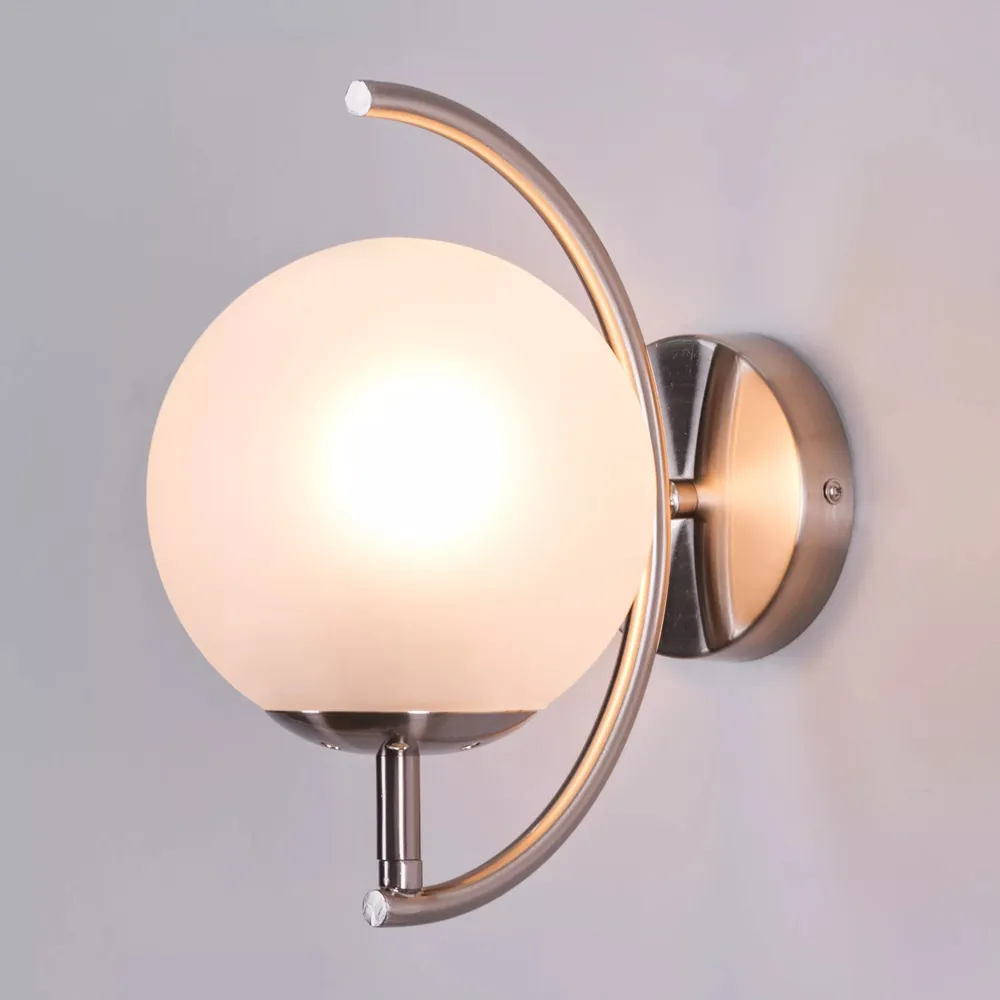 Crescent Shaped Silver Metal Wall Light With Frosted Glass Globe Single Piece