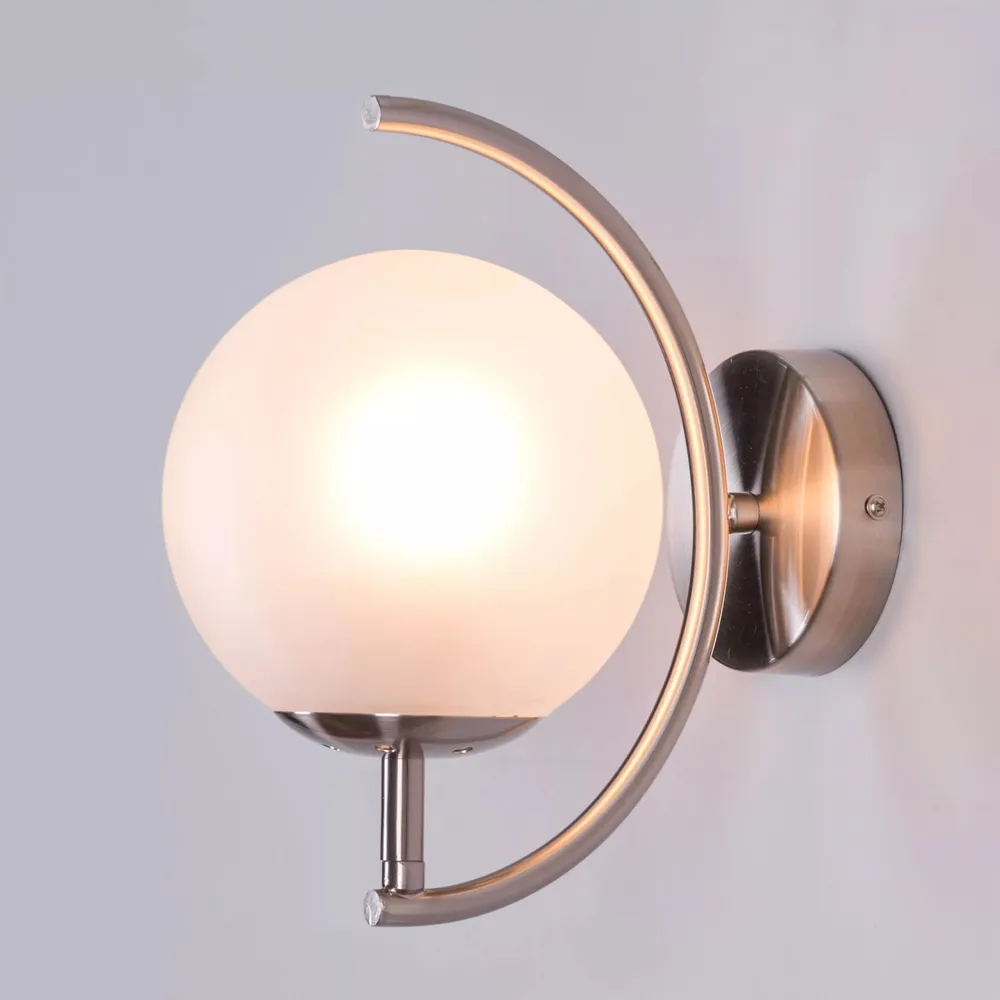 Crescent Shaped Silver Metal Wall Light With Frosted Glass Globe Single Piece
