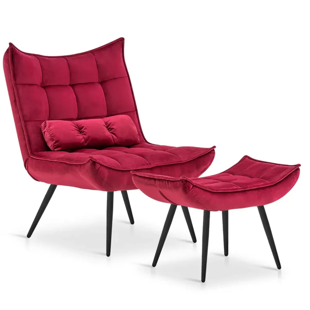 Crimson Leatherette Armchair With Footrest & Cushion Single Piece