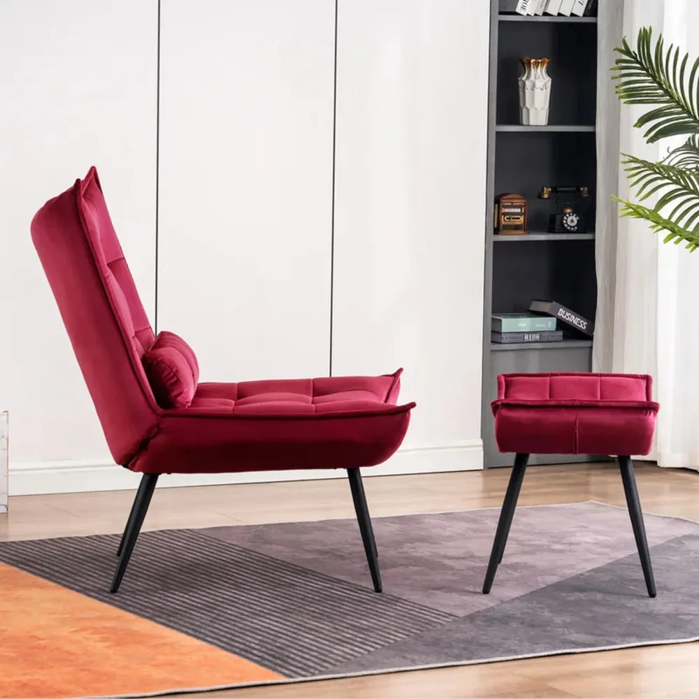 Crimson Leatherette Armchair With Footrest & Cushion Single Piece