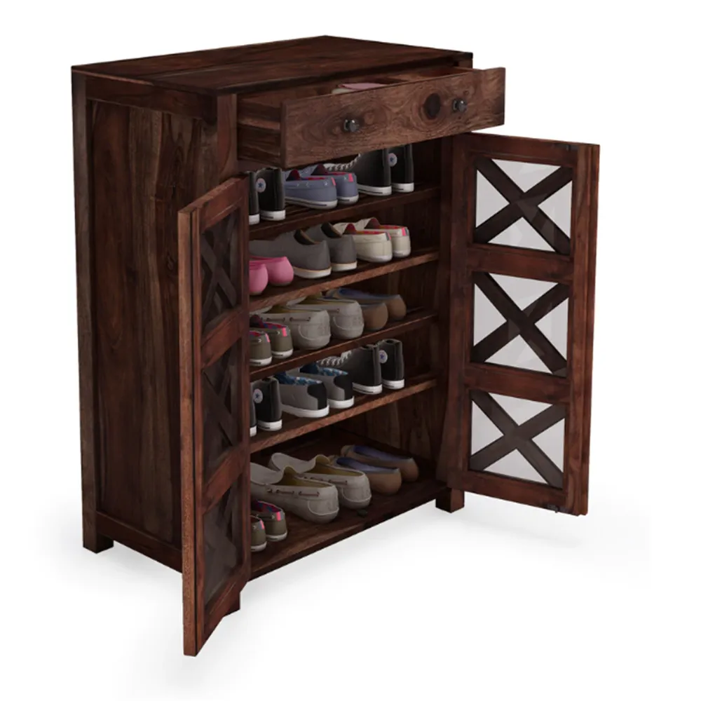 Criss Cross Antique Designer Sheesham Wood Shoe Rack