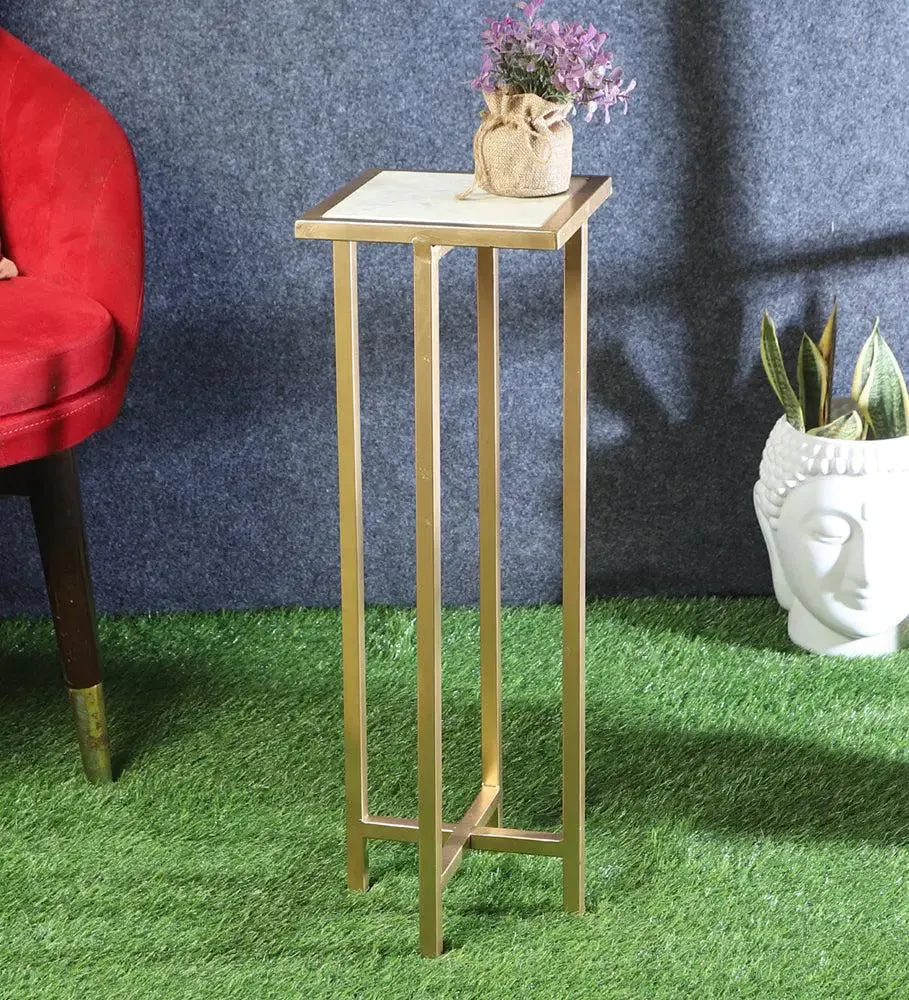 Criss-cross Metal & Marble Side Table for Living Room