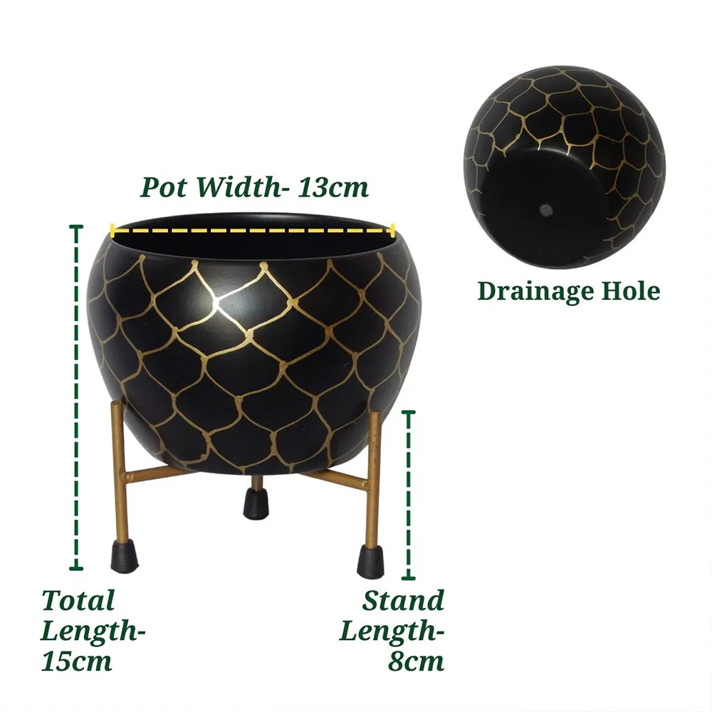 Criss-cross Web Pattern Black Indoor Metal Plant Stand with Pot Single Piece
